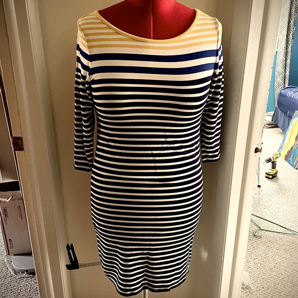 Fleur Bleue Small Casual Striped Shift Dress in Navy